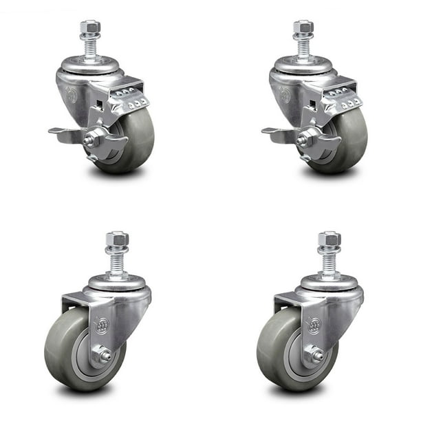 Polyurethane Swivel Threaded Stem Caster Set of 4 w/5 x 1.25 Gray Wheels and 1/2 Stems Includes 4 with Total Lock Brakes Service Caster Brand 1200 lbs Total Capacity Polyurethane Swivel Threaded Stem Caster Set of 4 w/5 x 1.25 Gray Wheels and 1/2 Stems Includes 4 with Total Lock Brakes Service Caster Brand 1200 lbs Total Capacity